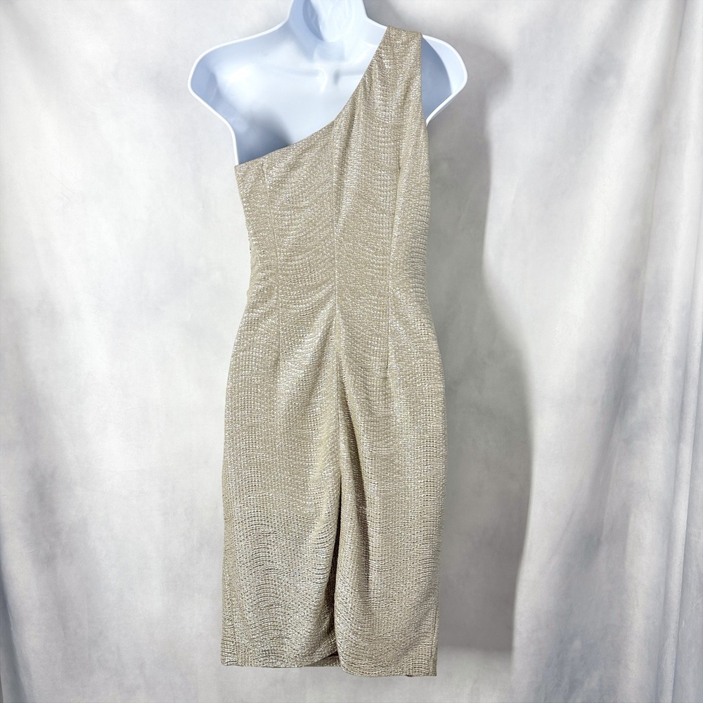 David Meister Gold Metallic One Shoulder Dress Beaded Flower Women's Size 2 - Picture 6 of 14